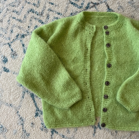 Hand Knitted Lime Green Mohair Cardigan - Button down - Size L - Picture 3 of 7